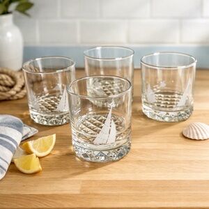 4 vintage 1980s True North Franc Nord nautical-themed whiskey glasses